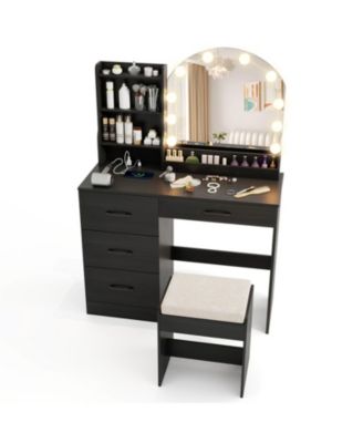 Makeup Vanity Desk and Stool Set with LED Lighted Mirror and Charging Station