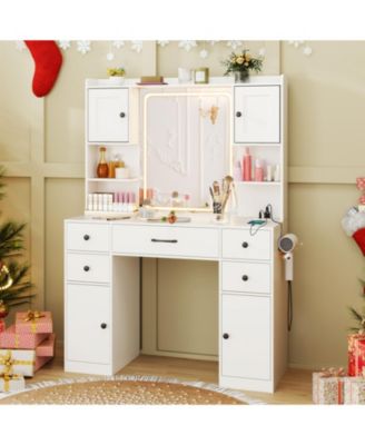 Makeup Vanity Desk with LED Lighted Mirror and Built-In Charging Station