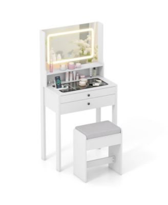 Small Vanity Desk with Lighted Mirror and Stool Set for Bedroom