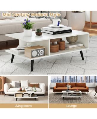31.5 in Mid-Century Modern 2-Tier Coffee Table with Open Compartments