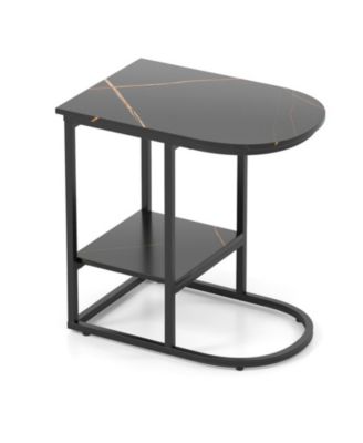 C-Shaped Modern Sofa Side Table with Faux Marble Top and Storage Shelf