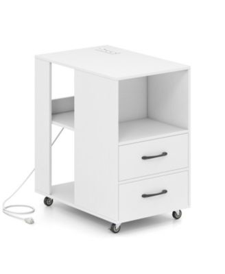 End Table with Built-In Charging Station, 2 Drawers and Locking Wheels