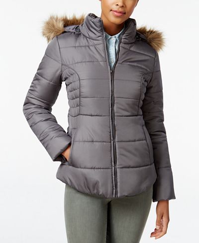 Rampage Faux-Fur-Trim Hooded Ruched Puffer Coat, Only at Macy's