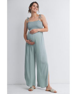 Maternity Smocked Wide-Leg Jumpsuit with Tie Shoulders and Side Slit