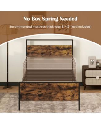 Twin Metal and Wood Platform Bed Frame with Headboard and Industrial Design