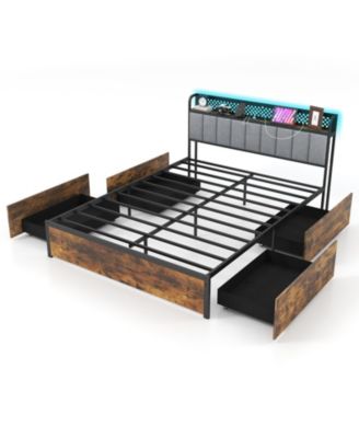 Bed Frame with LED Lights Upholstered Headboard Storage Drawers