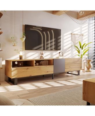 TV Stand Accommodates , Televisions, Wooden Entertainment Center Featuring Double Storage and Drop Down Door Design for Living Room