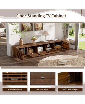 70 Inch Modern TV Stand for TVs, Media Console with Fluted Details, Flip-Down Center Door and Side Cabinets for Living Room