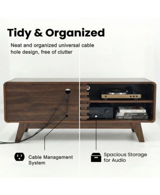 TV Stand with Slatted Sliding Door, Mid Century Modern Media Console Table for 50 Inch TV, Entertainment Center for Living Room