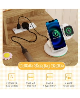 Small Vanity Desk with Round Lighted Mirror and Power Outlets