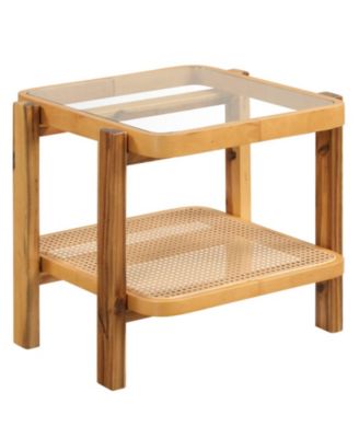 22 in Rattan 2-Tier End Table with Tempered Glass Top and Acacia Wood Legs