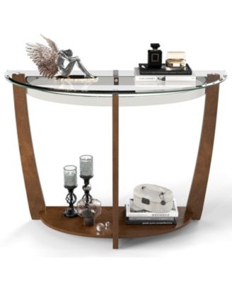 40 in Half-Moon Tempered Glass Console Table with Open Shelf