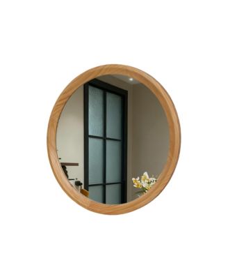 Natural Wood Round Wall Mirror, 23.62" Minimalist Decorative Mirror for Bathroom Vanity/Living Room (Sleek Solid Wood Frame)