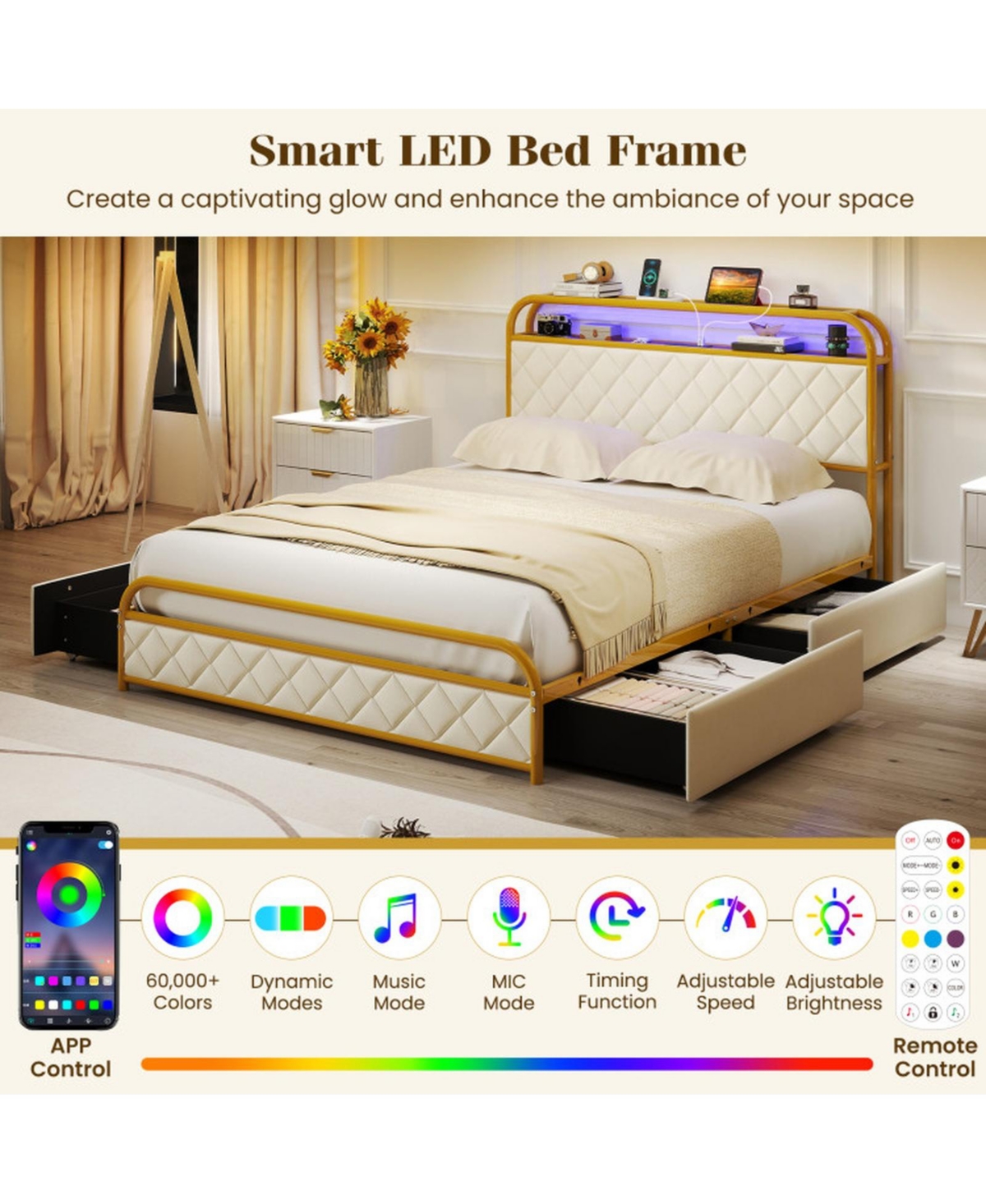 Gouun Full Metal Platform Bed Frame with Led Lights and Charging Station