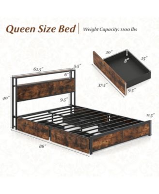 Queen Metal and Wood Bed Frame with LED Lights and Charging Station and Storage Drawers