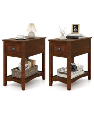 Set of 2 Retro Narrow End Tables with Drawer and Open Shelf