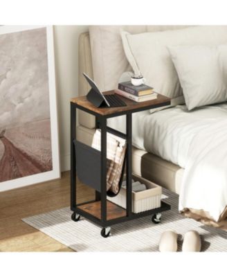 C-Shaped Side Table with Canvas Storage Pouch and Rolling Casters