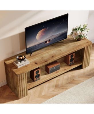 Solid Wood TV Stand for 55/60/65/75-Inch TVs, Farmhouse Entertainment Center with 2-Tier Storage Shelf, Fluted TV Consoles