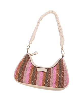 Woven Ribbon Zip Top Hobo Bag - Striped Woven Shoulder Bag with Braided Strap