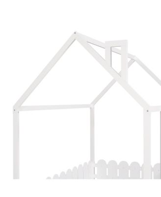 Full Size  Wood House Bed Frame with Surrounding Fence Roof Design for Kids Teens Boys and Girls