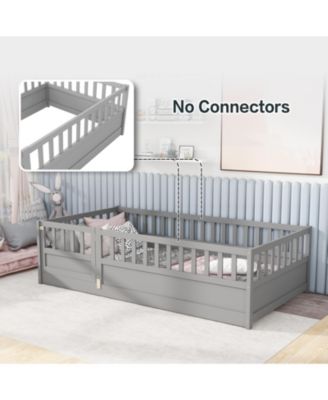 Twin Size Montessori Wooden Floor Bed With High Security Barrier And Door For Kids Bedroom