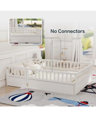 Full Size Montessori Wooden Floor Bed With Support Slat High Barrier And Door For Kids