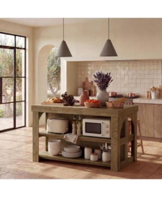 Kitchen Island with Storage, 55-Inch Large Stationary Center Island with 3 Shelves and Seating Space, Farmhouse Wooden Bar Table