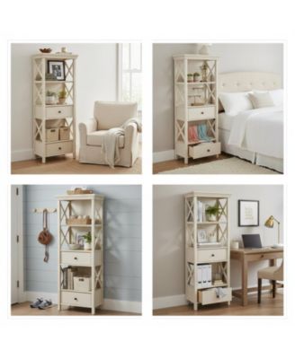 Cottage Chic Display Cabinet Bookcase Antique White Engineered Wood 3 Shelves 2 Drawers Lattice Sides Crown Moulding