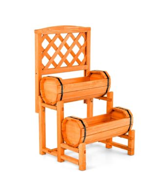 2-Tier Wooden Raised Garden Bed Container w/2 Cylindrical Planter Boxes and Trellis