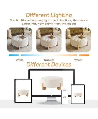 32" Round Tufted Ottoman - Coffee Table with Solid Wood Legs, Tufted Buttons and Piping Lines, Center Table for Living Room