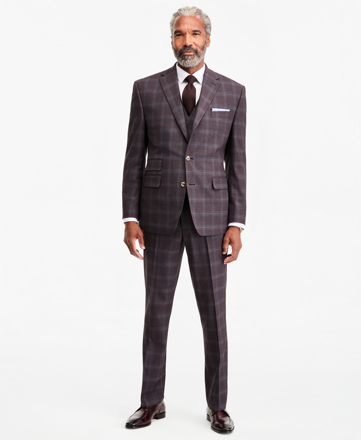 Men's Classic-Fit Burgundy Plaid Suit Separate Double-Breasted Vest