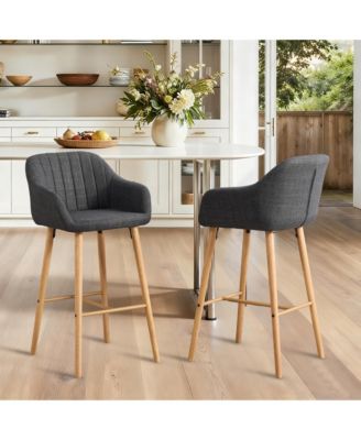 Bar Stools Set of 2 - Linen Fabric Upholstered Counter Height Chairs with Back, Footrest and Solid Wood Legs for Kitchen Island