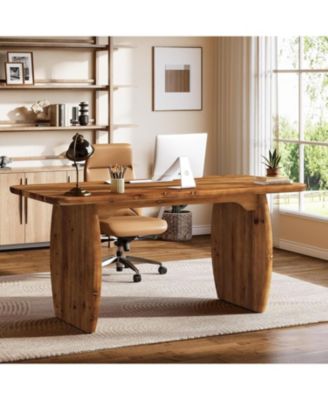 63-Inch Solid Wood Executive Desk, Large Office Computer Desk with Sturdy Wooden Legs, Farmhouse Writing Table