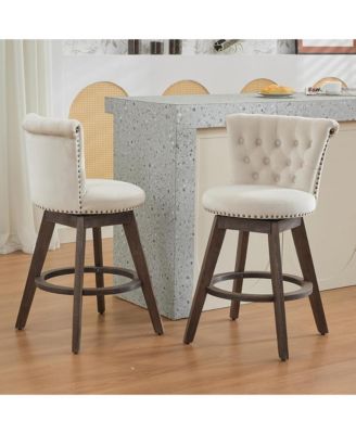 360° Swivel Bar Stools Set of 2, Velvet Counter Height Chairs with Curved Backrest, Nailhead Trim and Solid Wood Legs for Kitchen Island