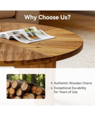 Solid Wood Round Coffee Table, Farmhouse Center Table with Curved Legs, Circle Cocktail Tea Table