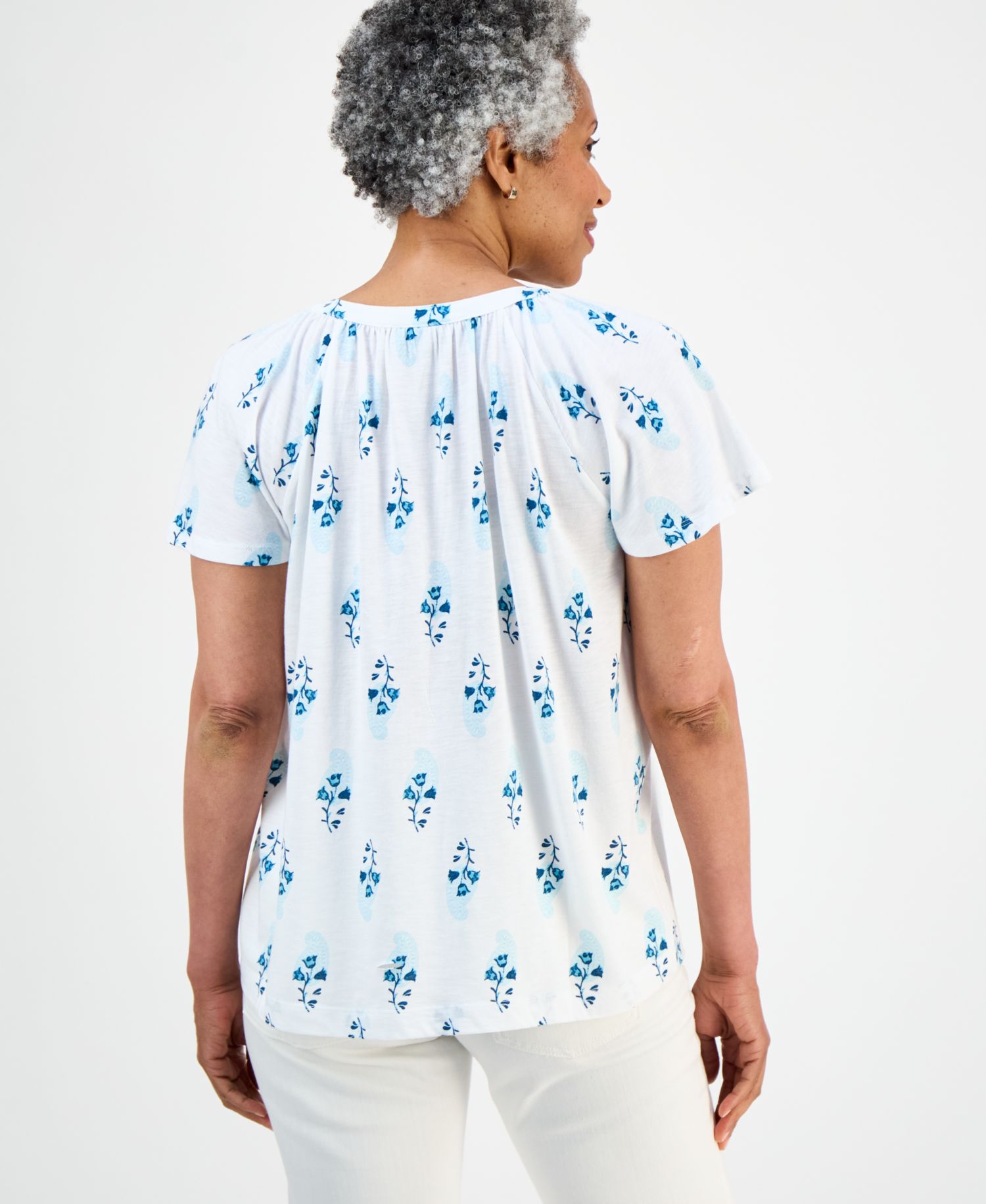 Petite Printed Button-Front Short-Sleeve Top