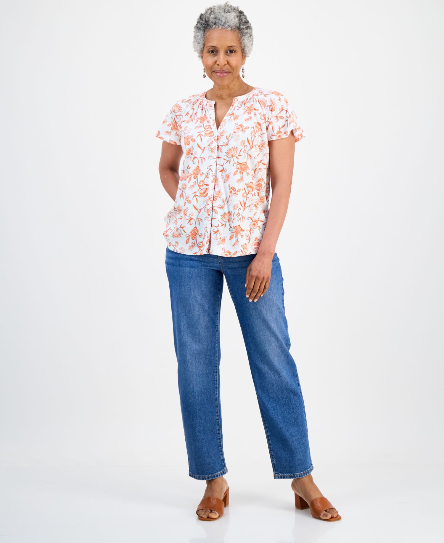 Petite Printed Button-Front Flutter-Sleeve Top