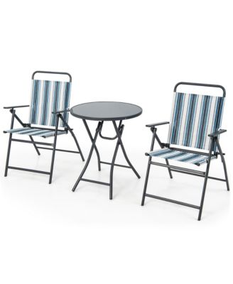 3 Pieces Patio Folding Chair Set w/ 2 Chairs and Glass Round Coffee Table Porch Deck Backyard