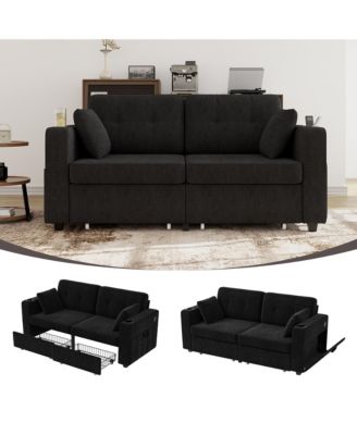 Modern 2-Seater Chenille Couch, 67 Inch Loveseat Sofa with USB Ports, Cup Holders, Storage and Solid Wood Frame for Living Room