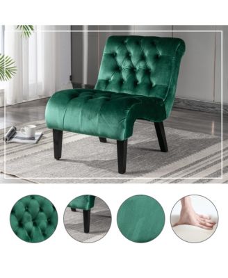 Modern Velvet Accent Chair, Upholstered Fabric Button Reading Chaise with Tufted Back, Wooden Legs, Rolled Edge Design for Living Room