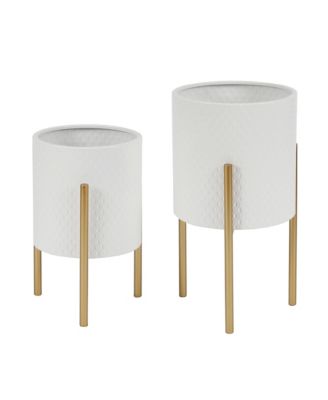 2-Piece Diamond Pattern Round Metal Cachepot Planter Set