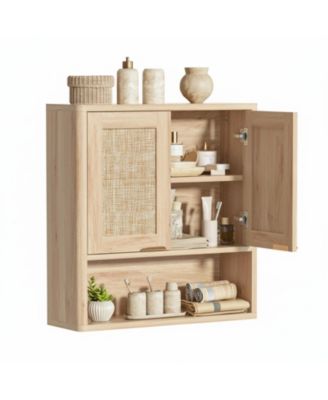 Rattan Wall Mounted Bathroom Cabinet Adjustable Shelf Over Toilet Storage Organizer Boho Style