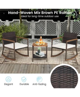 3PCS Patio Rattan Rocking Chair Bistro Set Armrest Cushion Table w/ Storage Shelf