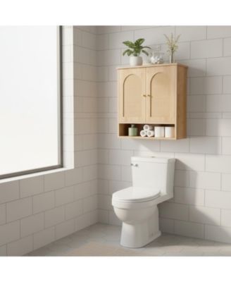 Bathroom Wall Cabinet with 2 Rattan Doors Open Shelf Heavy Duty Storage for Kitchen Living Room Entryway