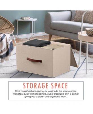 3 Pack Foldable Linen Storage Bin with Faux Leather Handles and Lid