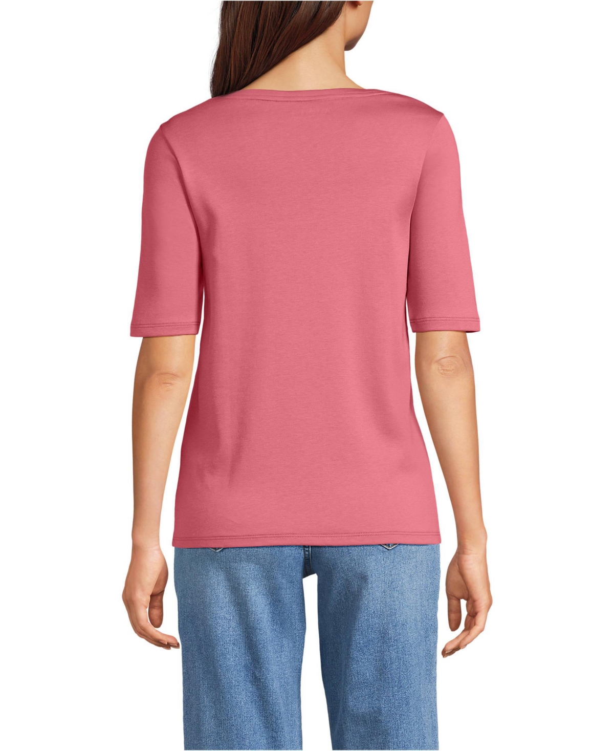 Lands' End Women's Supima Cotton Elbow Sleeve Boatneck Button Shoulder Tee
