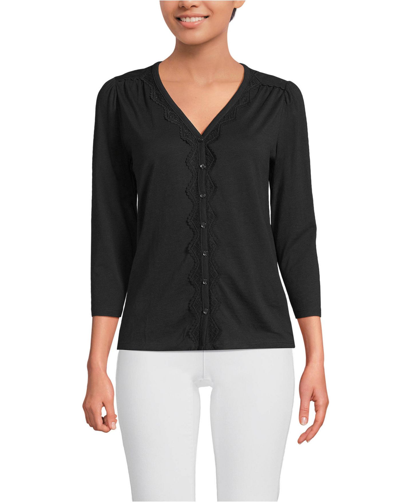 Женский топ Lands' End 3/4 Sleeve Slub V-neck Lace Trim, цвет: Чёрный — фото 1