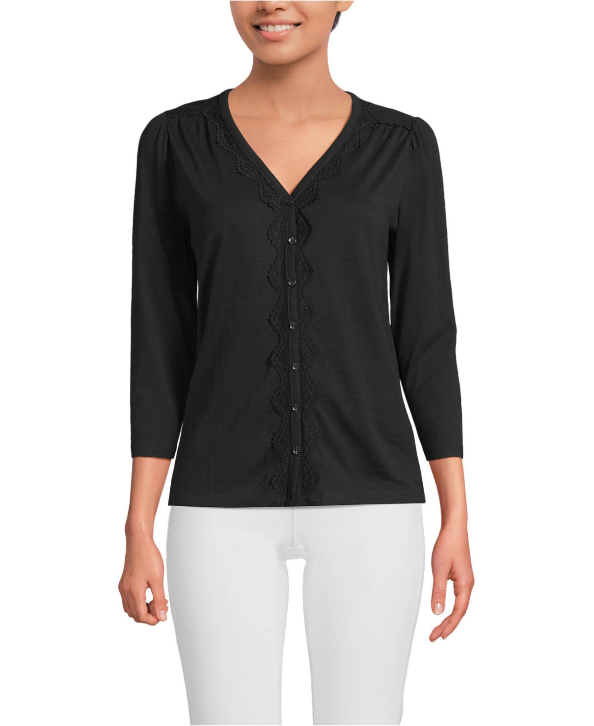 Lands' End Women's 3/4 Sleeve Slub V-neck Lace Trim Top