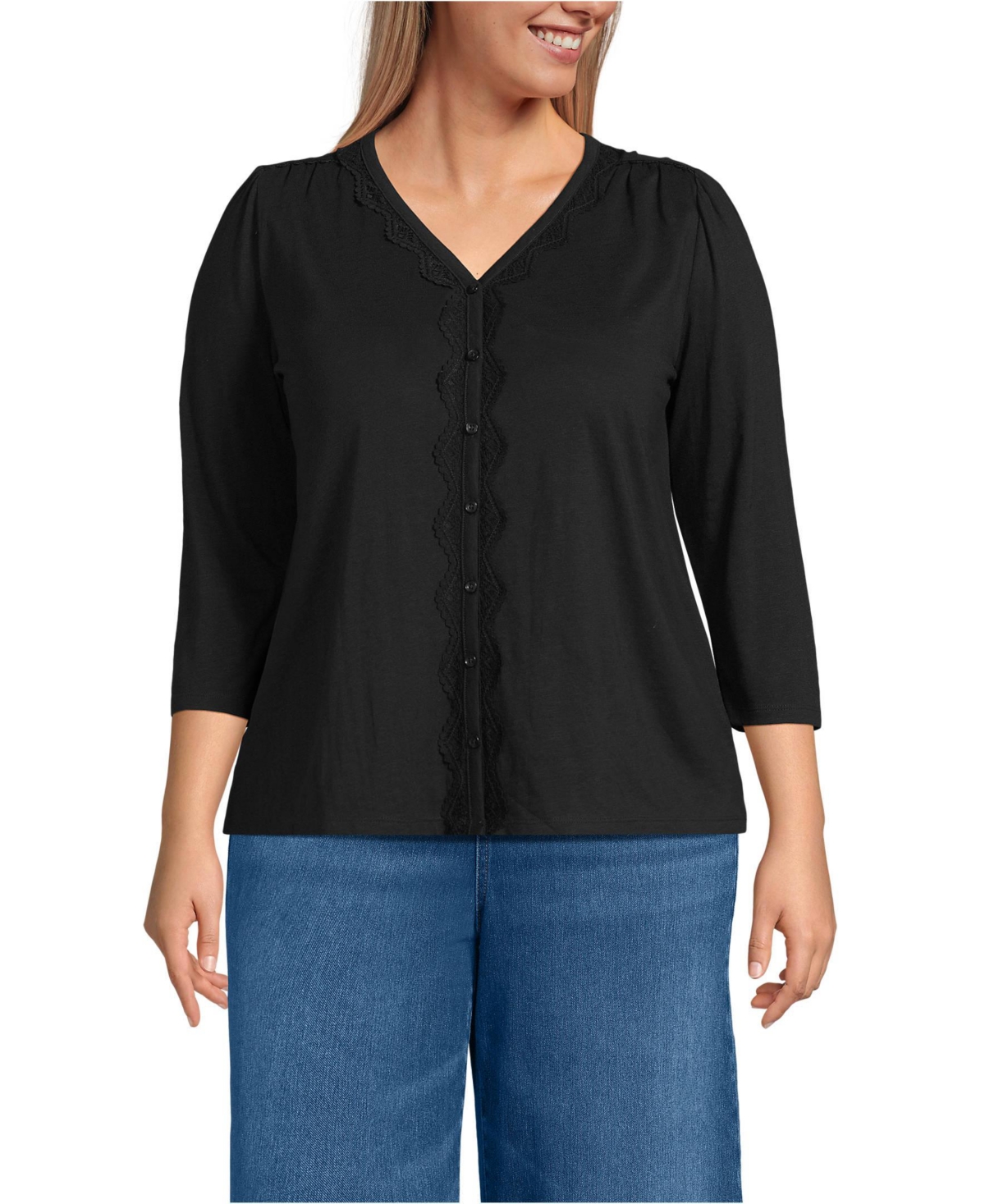 Lands' End Plus 3/4 Sleeve Slub V-neck Lace Trim Top