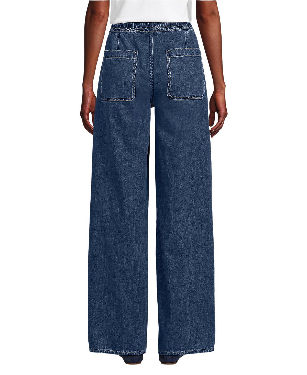 Lands' End Petite Lightweight Denim High Rise Relaxed Straight Pull On Pocket Jeans view 3 — MAYCSS fashion products